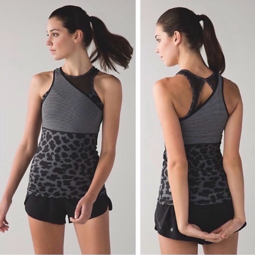 Lululemon Meshed Up Tank Top One Shoulder Leopard Striped Mini Pop Black Gray 6